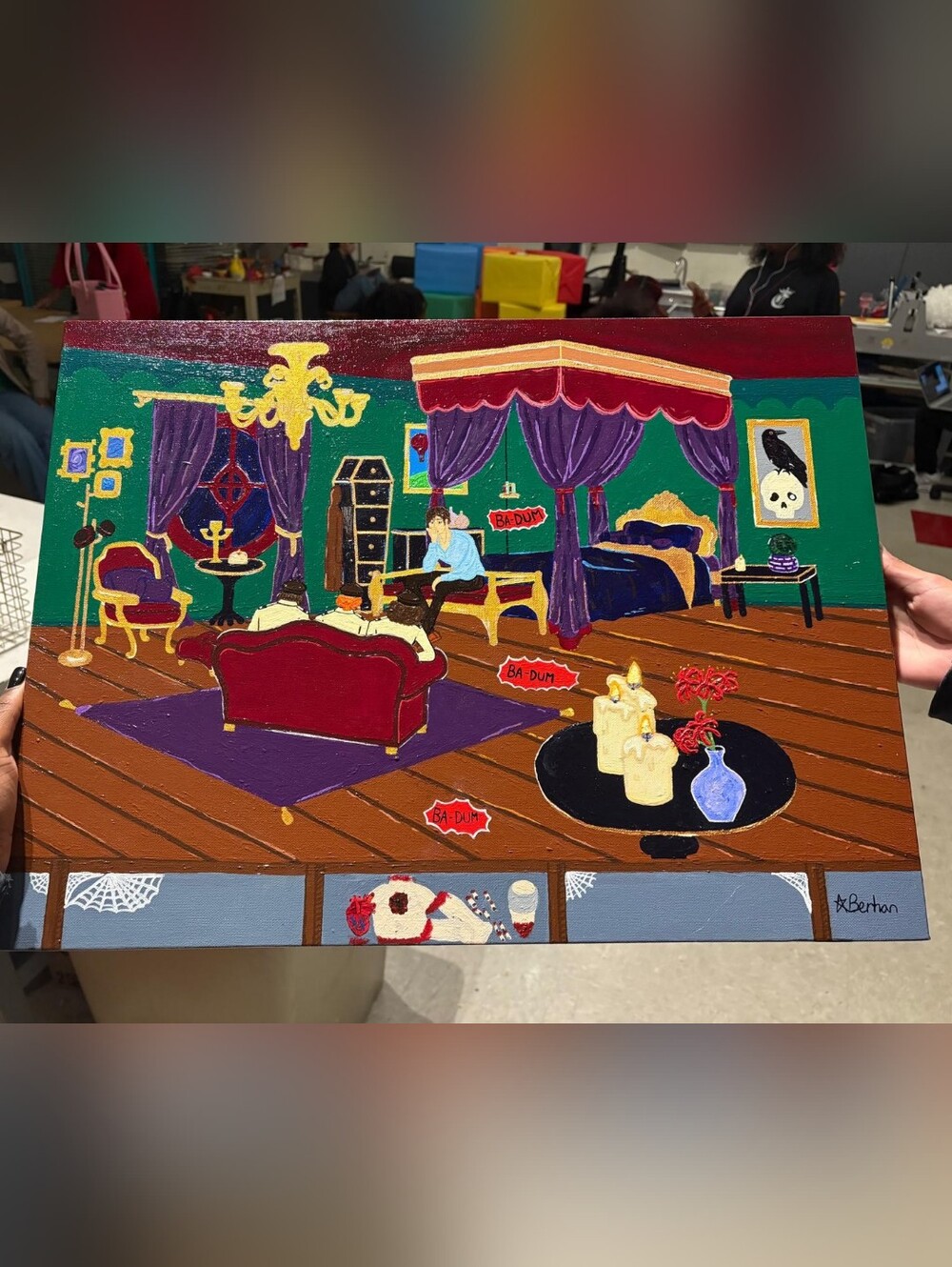 Hand-Painted Gothic Parlor Canvas Art - Green, Purple, Red